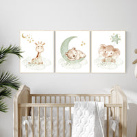 Nursery wall art animals, green nursery, gender neutral nursery, sage green and gold, bear nursery, elephant nursery, giraffe, animal prints