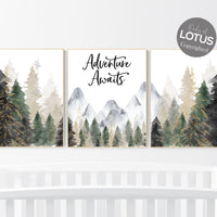 Nursery decor woodland, mountain wall art, tree nursery decor, adventure theme nursery, forest, sage green, beige, woodland animals