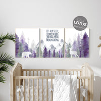Nursery decor woodland, mountain wall art, tree nursery decor, adventure theme nursery, forest, navy, purple nursery, woodland animals