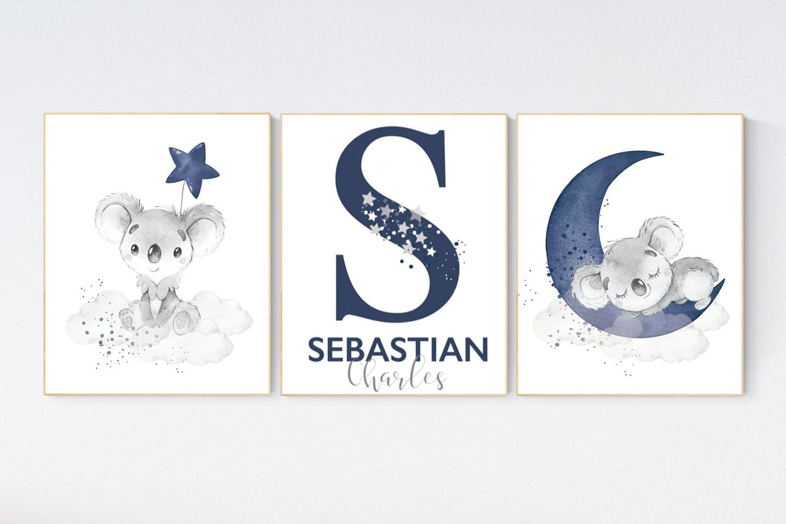 Navy nursery decor, koala nursery, moon and stars, navy blue nursery art, nursery prints animals, boy nursery decor, koala mother and baby