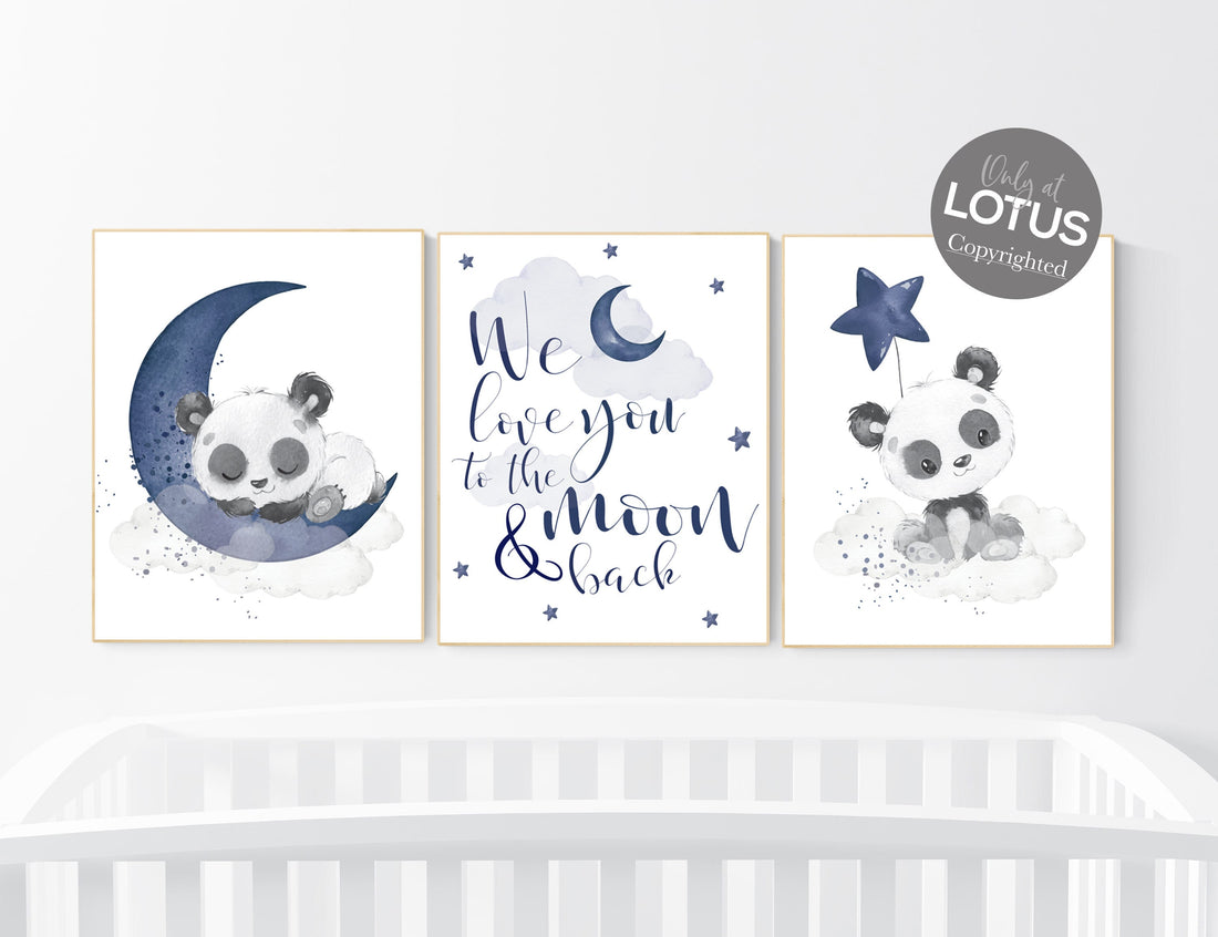 Navy nursery decor, panda nursery, moon and stars, navy blue nursery art, baby room wall art, boy nursery decor, panda bear, navy grey