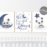 Navy nursery decor, panda nursery, moon and stars, navy blue nursery art, baby room wall art, boy nursery decor, panda bear, navy grey