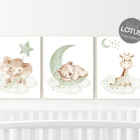 Nursery wall art animals, green nursery, gender neutral nursery, sage green, baby room decor, bear, elephant, giraffe, animal prints