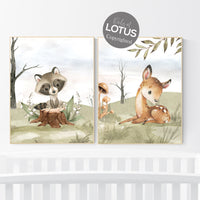 Animal nursery decor, woodland nursery prints, jungle animals, gender neutral nursery, Woodland Nursery, animal prints, deer, raccoon