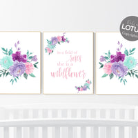 Nursery decor girl boho, floral nursery, pink purple teal, girl nursery, in the field of roses be a wildflower, floral nursery prints