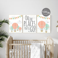 Nursery decor girl, coral mint gold, nursery art girl, hot air balloon nursery, oh the places you'll go, coral and mint, travel theme