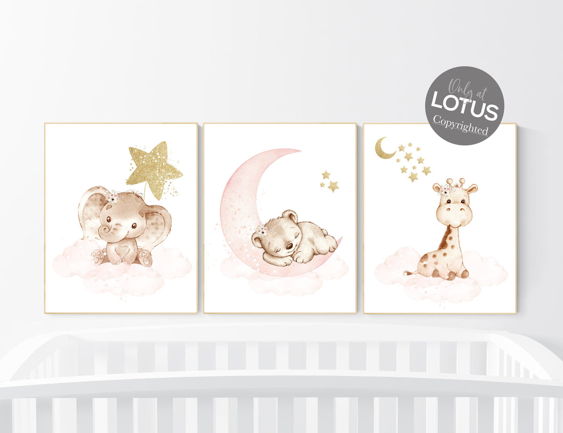Nursery decor girl animals, blush gold, Animal nursery, nursery decor girl woodland animals, bear, elephant, giraffe, girl nursery ideas