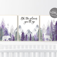 Nursery decor woodland, mountain wall art, tree nursery decor, adventure theme nursery, forest, navy, purple nursery, woodland animals