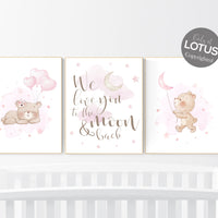 Girl nursery decor, Bear nursery, pink nursery room, teddy bear decor, bear nursery print, we love you to the moon and back, girls room