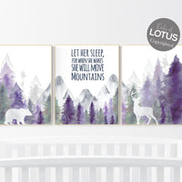 Nursery decor woodland, mountain wall art, tree nursery decor, adventure theme nursery, forest, navy, purple nursery, woodland animals
