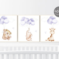 Nursery decor girl purple, purple nursery, animal prints, , lavender nursery, lilac nursery, elephant nursery, balloon nursery, bear nursery