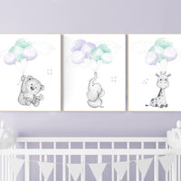 Nursery decor girl purple, purple mint nursery, animal prints, , lavender nursery, lilac nursery, elephant nursery, balloon nursery, bear