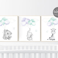 Nursery decor girl purple, purple mint nursery, animal prints, , lavender nursery, lilac nursery, elephant nursery, balloon nursery, bear