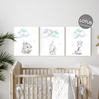 Nursery decor girl purple, purple mint nursery, animal prints, , lavender nursery, lilac nursery, elephant nursery, balloon nursery, bear