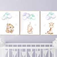 Nursery decor girl purple, purple mint nursery, animal prints, , lavender nursery, lilac nursery, elephant nursery, balloon nursery, bear