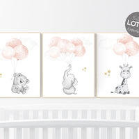 Girl nursery decor, Blush gold nursery, animal prints, elephant nursery, bear nursery, giraffe nursery, balloon nursery, blush gold