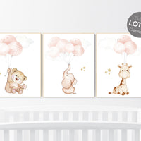 Girl nursery decor, Blush gold nursery, animal prints, elephant nursery, bear nursery, giraffe nursery, balloon nursery, blush gold