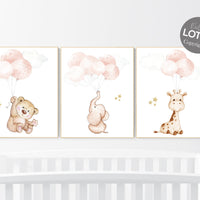 Girl nursery decor, Blush gold nursery, animal prints, elephant nursery, bear nursery, giraffe nursery, balloon nursery, blush gold