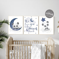 Navy nursery decor, panda nursery, moon and stars, navy blue nursery art, baby room wall art, boy nursery decor, panda bear, navy grey