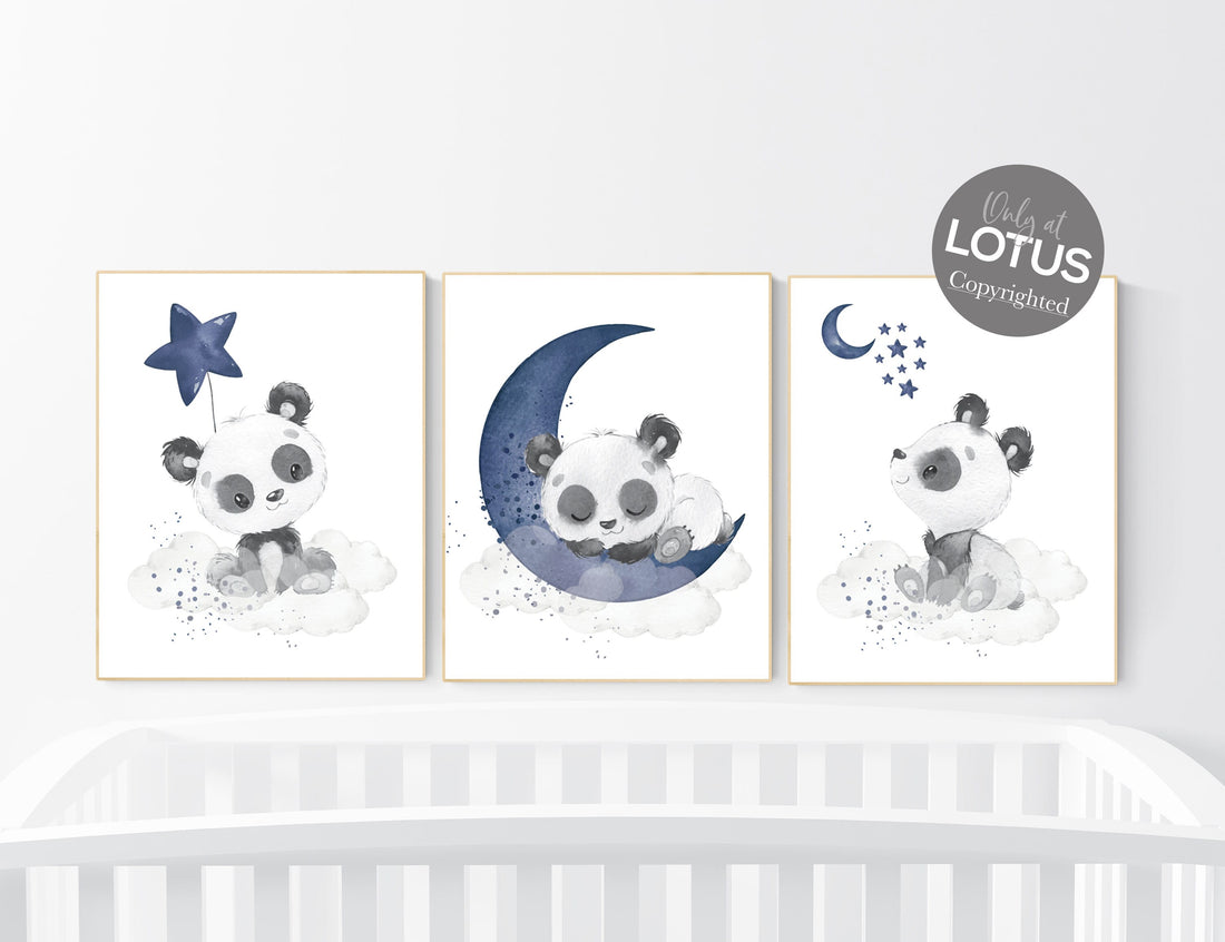 Navy nursery decor, panda nursery, moon and stars, navy blue nursery art, baby room wall art, boy nursery decor, panda bear, navy grey