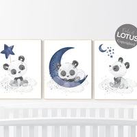 Navy nursery decor, panda nursery, moon and stars, navy blue nursery art, baby room wall art, boy nursery decor, panda bear, navy grey
