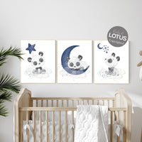 Navy nursery decor, panda nursery, moon and stars, navy blue nursery art, baby room wall art, boy nursery decor, panda bear, navy grey