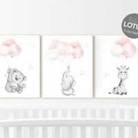 Blush pink nursery decor, girl nursery, animal prints, elephant nursery, bear nursery, giraffe nursery, balloon nursery, baby girl room