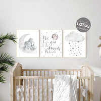 Nursery wall art grey, gray nursery, nursery decor neutral, elephant nursery, baby room decor gender neutral, moon and stars, nursery ideas