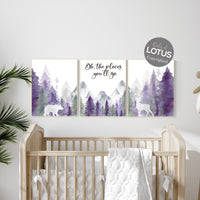 Nursery decor woodland, mountain wall art, tree nursery decor, adventure theme nursery, forest, navy, purple nursery, woodland animals