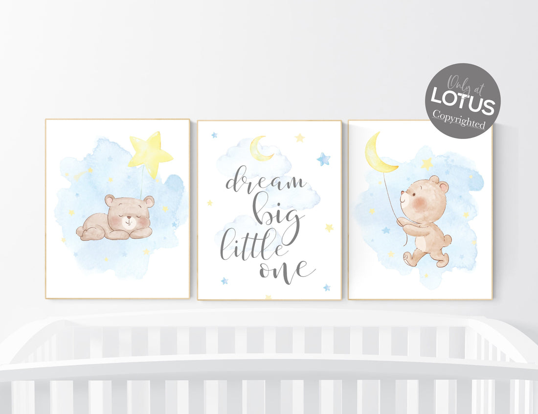 Nursery decor bear, blue and yellow, bear nursery print, teddy bear decor, nursery wall decor, gender neutral nursery, dream big little one