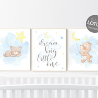 Nursery decor bear, blue and yellow, bear nursery print, teddy bear decor, nursery wall decor, gender neutral nursery, dream big little one