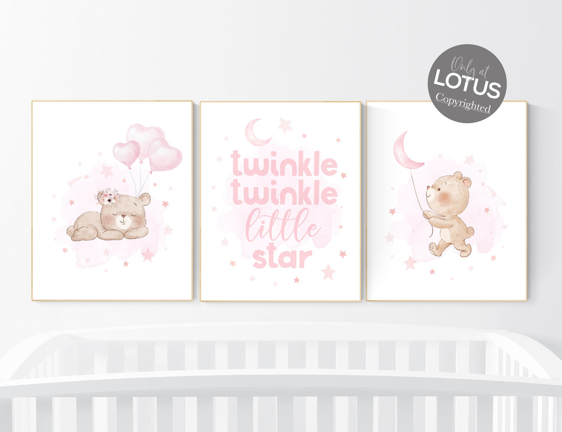Nursery decor bear, girl nursery decor, pink nursery room, teddy bear decor, bear nursery print, nursery wall art animals, girls room decor