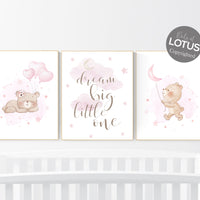 Girl nursery decor, Bear nursery, pink nursery room, teddy bear decor, bear nursery print, nursery wall art animals, dream big little one