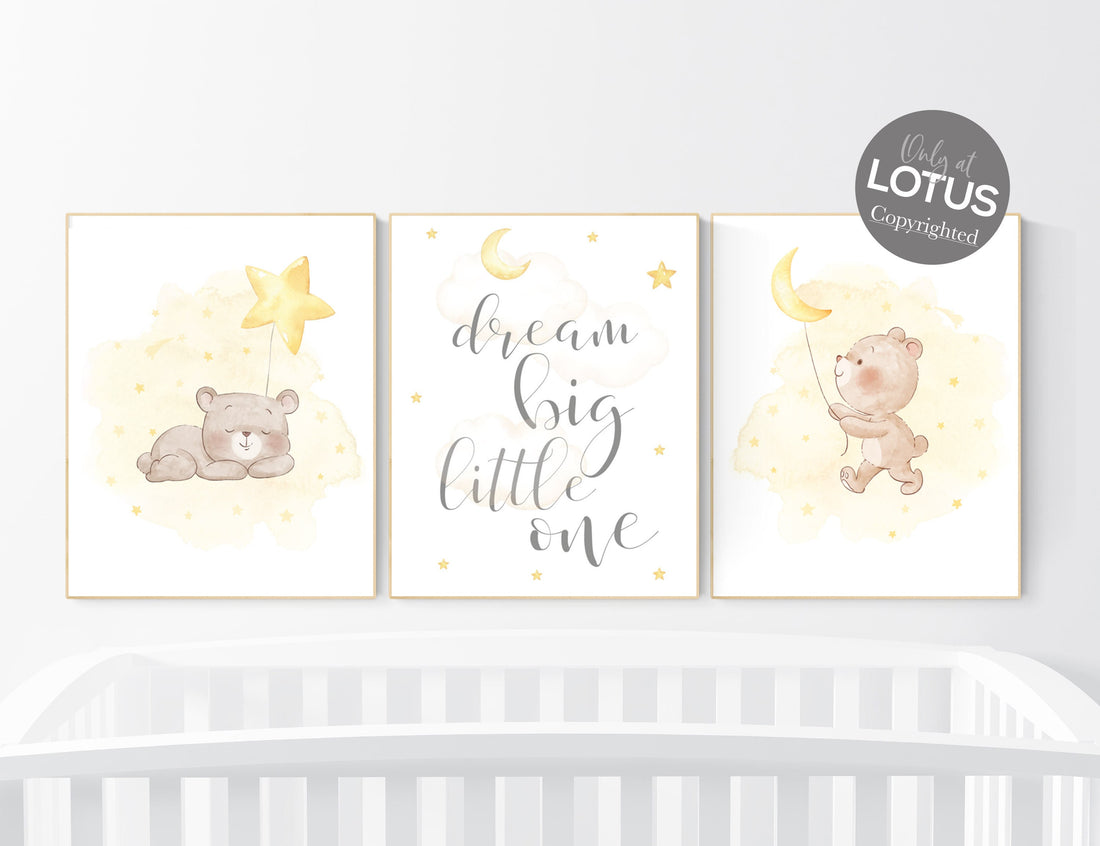 Nursery decor bear, gender neutral nursery wall art, yellow nursery, bear nursery print, teddy bear decor, nursery wall art animals, yellow
