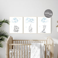 Nursery wall art animals, baby room decor blue gray, baby room decor bear, elephant, giraffe, animal nursery decor, nursery prints