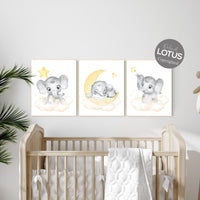 Nursery decor neutral, Yellow nursery, nursery wall art elephant, moon, stars, gender neutral, yellow and gray nursery art, baby room art