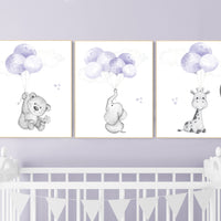 Nursery decor girl purple, purple nursery, animal prints, , lavender nursery, lilac nursery, elephant nursery, balloon nursery, bear nursery