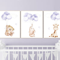 Nursery decor girl purple, purple nursery, animal prints, , lavender nursery, lilac nursery, elephant nursery, balloon nursery, bear nursery