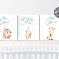 Nursery decor girl purple, purple mint nursery, animal prints, , lavender nursery, lilac nursery, elephant nursery, balloon nursery, bear