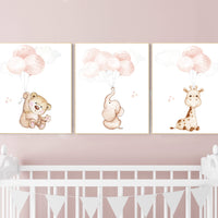 Blush pink nursery decor, girl nursery, animal prints, elephant nursery, bear nursery, giraffe nursery, balloon nursery, baby girl room