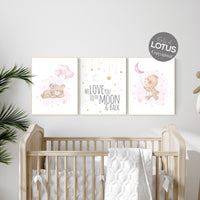 We love you to the moon and back, Bear nursery, Nursery decor girl, pink and gold, girls room decor, animal nursery, pink gold nursery