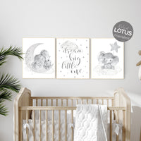 Grey nursery wall art, elephant nursery wall art, gender neutral, gray nursery art, nursery wall decor, moon, stars, neutral, twin nursery
