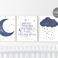 Nursery decor boy, navy nursery decor, moon and stars, navy blue nursery art, baby boy nursery art, nursery wall decor, boys room decor