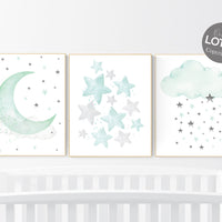 Mint and gray nursery wall art, mint green nursery decor, moon and stars nursery, gender neutral, baby room wall art, star nursery, moon