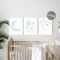 Mint and gray nursery wall art, mint green nursery decor, moon and stars nursery, gender neutral, baby room wall art, star nursery, moon