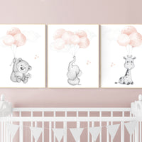 Blush pink nursery decor, girl nursery, animal prints, elephant nursery, bear nursery, giraffe nursery, balloon nursery, baby girl room