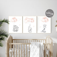 Blush pink nursery decor, girl nursery, animal prints, elephant nursery, bear nursery, giraffe nursery, balloon nursery, baby girl room