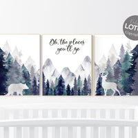 Woodland nursery decor, mountain wall art, tree nursery decor, adventure theme nursery, forest, navy and teal, woodland animals, woodland