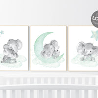 Nursery decor elephant, mint nursery decor, cloud and stars nursery, baby room , gender neutral, aqua, moon and stars, neutral nursery