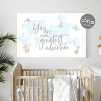 Boy nursery decor, Hot air balloon nursery, Nursery decor blue, you are our greatest adventure, world map, animal nursery, travel themed